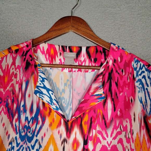 Chico's Top Women's 2 Pink Blue Ikat Print Dolman Sleeves Split Neck Blouse Boho - Picture 4 of 11